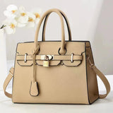 NNEDSZ Khaki Elegant PU Leather Handbag with Lock Decoration - Structured Tote Bag for Women