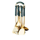 NNEDSZ Dark Green Gold Stainless Steel Kitchen Utensil Set - 7-Piece Golden Cooking Tools with Stand