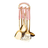 NNEDSZ Pink Gold Stainless Steel Kitchen Utensil Set - 7-Piece Golden Cooking Tools with Stand