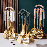 NNEDSZ Pink Gold Stainless Steel Kitchen Utensil Set - 7-Piece Golden Cooking Tools with Stand
