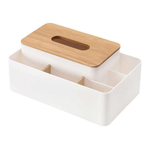NNEDSZ White Multifunctional Tissue Box Organizer - Bamboo Lid with Dividers for Desktop Storage