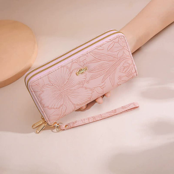 NNEDSZ 2 PCS Pink Elegant Floral Embossed Long Wallet with Double Zipper