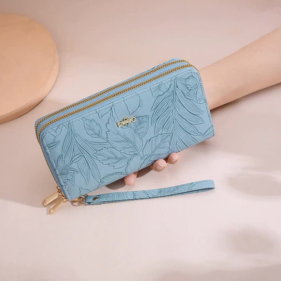 NNEDSZ 2 PCS Blue Elegant Floral Embossed Long Wallet with Double Zipper