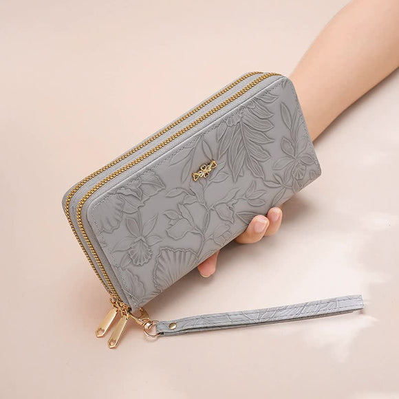 NNEDSZ 2 PCS Grey Elegant Floral Embossed Long Wallet with Double Zipper