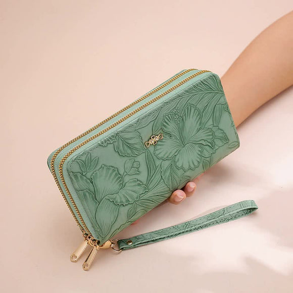 NNEDSZ 2 PCS Green Elegant Floral Embossed Long Wallet with Double Zipper