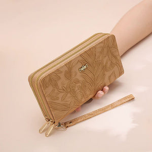 NNEDSZ 2 PCS Khaki Elegant Floral Embossed Long Wallet with Double Zipper