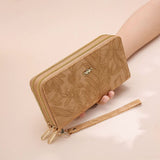 NNEDSZ 2 PCS Khaki Elegant Floral Embossed Long Wallet with Double Zipper