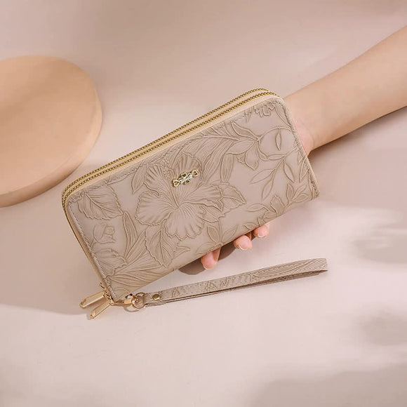 NNEDSZ 2 PCS Apricot Elegant Floral Embossed Long Wallet with Double Zipper
