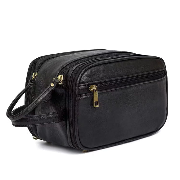 NNEDSZ Black Vintage Leather Makeup Bag with Multi-Compartment Organizer - Travel Cosmetic Case