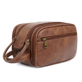 NNEDSZ Brown Vintage Leather Makeup Bag with Multi-Compartment Organizer - Travel Cosmetic Case