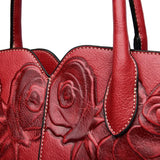 NNEDSZ Red  Elegant Embossed Rose Leather Handbag - Vintage Style Tote Bag