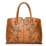 NNEDSZ Brown Elegant Embossed Rose Leather Handbag - Vintage Style Tote Bag