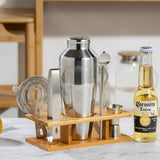 NNEDSZ 700ML 7-Piece Stainless Steel Cocktail Shaker Set with Bamboo Stand - Bartender Kit