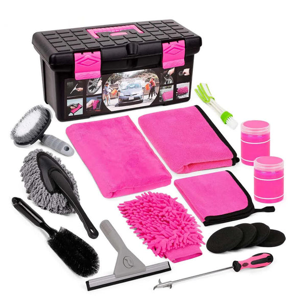 NNEDSZ 18-Piece Car Cleaning Kit – Pink Auto Detailing Set with Storage Toolbox