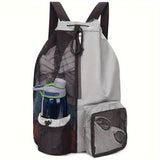 NNEDSZ Grey Mesh Drawstring Backpack - Lightweight Sports and Beach Bag with Pockets