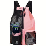 NNEDSZ Pink Mesh Drawstring Backpack - Lightweight Sports and Beach Bag with Pockets