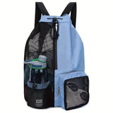 NNEDSZ Blue Mesh Drawstring Backpack - Lightweight Sports and Beach Bag with Pockets