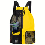 NNEDSZ Yellow Mesh Drawstring Backpack - Lightweight Sports and Beach Bag with Pockets