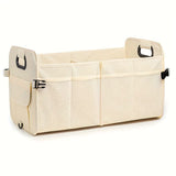 NNEDSZ Beige Foldable Car Trunk Organizer - Multi-Compartment Storage Box with Handles