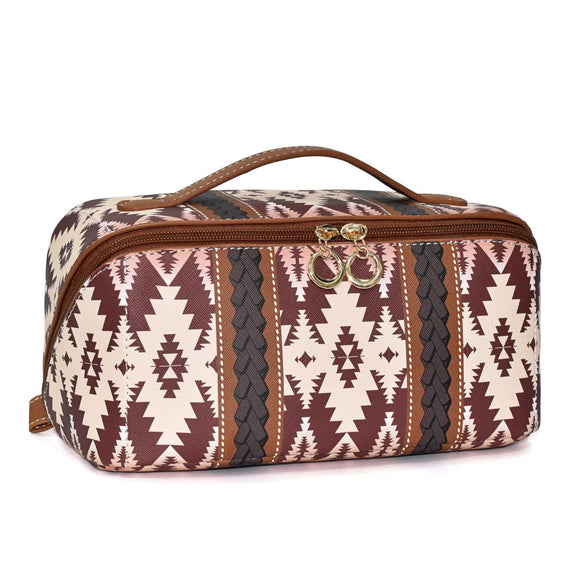 NNEDSZ Brown Boho Travel Cosmetic Bag - Large Waterproof Makeup Organizer with Handle