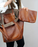 NNEDSZ Brownish Classic Large PU Leather Tote Bag with Inner Pouch - Elegant and Functional