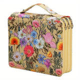 NNEDSZ Yellow Floral Design Portable Zippered Pencil Case - 3-Layer Large Capacity Organizer for Stationery & Art Supplies