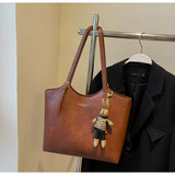 NNEDSZ Brown Elegant Black PU Leather Tote Bag with Cute Bear Keychain - Large Capacity Handbag for Women (38 x 26 x 13 cm)