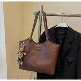 NNEDSZ Coffee Brown Elegant Black PU Leather Tote Bag with Cute Bear Keychain - Large Capacity Handbag for Women (38 x 26 x 13 cm)