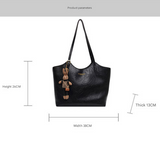 NNEDSZ Coffee Brown Elegant Black PU Leather Tote Bag with Cute Bear Keychain - Large Capacity Handbag for Women (38 x 26 x 13 cm)