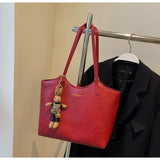 NNEDSZ Red Elegant Black PU Leather Tote Bag with Cute Bear Keychain - Large Capacity Handbag for Women (38 x 26 x 13 cm)