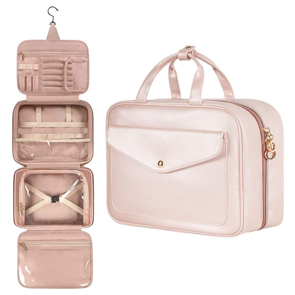 NNEDSZ Pink Multifunctional Travel Toiletry Organizer with Hanger and Large Storage Capacity