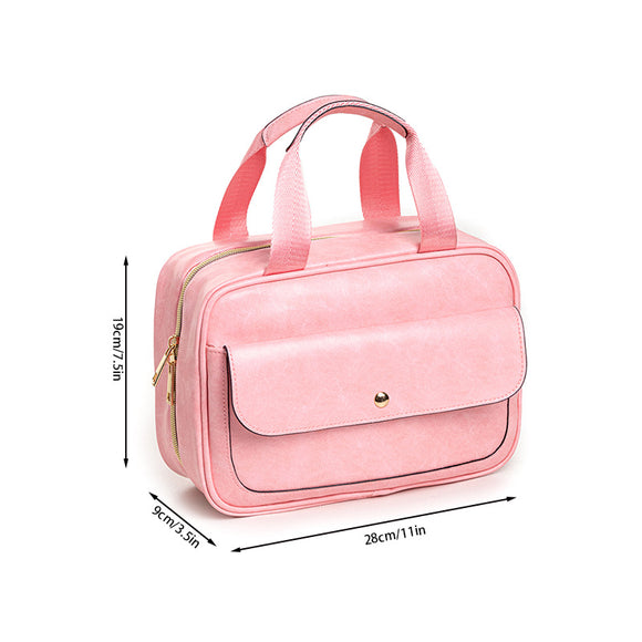 NNEDSZ Pink Compact PU Leather Travel Toiletry Bag with Zipper Compartments