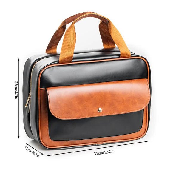 NNEDSZ Black-brown Compact PU Leather Travel Toiletry Bag with Zipper Compartments