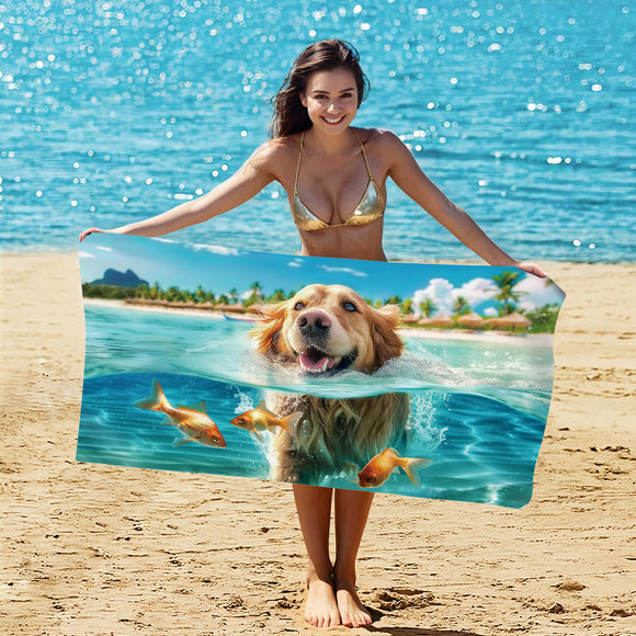 NNEDSZ 2 PCS Swimming Golden Retriever Extra Large Microfiber Double-Sided Beach Towel, Quick-Drying and Portable