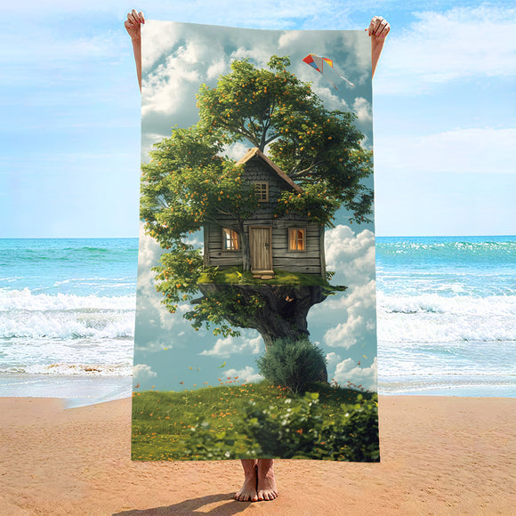 NNEDSZ 2 PCS Tree House Extra Large Microfiber Double-Sided Beach Towel, Quick-Drying and Portable