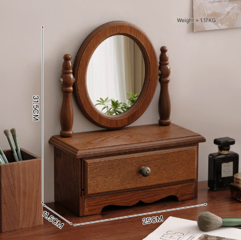 NNEDSZ Round Mirror with Drawer Orbicular Wooden Tabletop Vanity Mirror Elegant Design