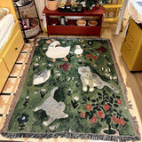 NNEDSZ Green Floral Cat Patterned Throw Blanket – Soft and Cozy, 130x160cm with Tassels