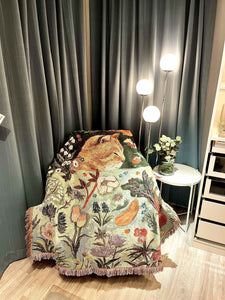 NNEDSZ Green Oragne Cat Sleeping Floral Cat Patterned Throw Blanket - Soft and Cozy, 130x160cm with Tassels