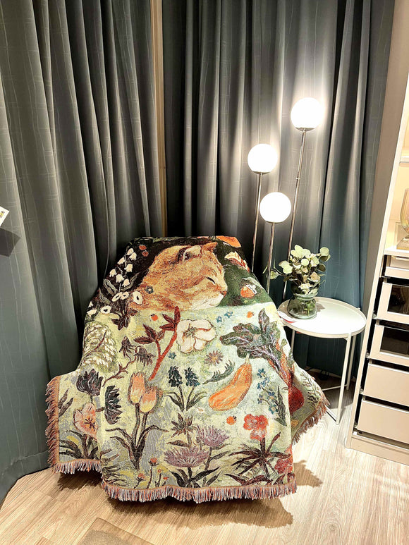 NNEDSZ Green Oragne Cat Sleeping Floral Cat Patterned Throw Blanket - Soft and Cozy, 130x160cm with Tassels