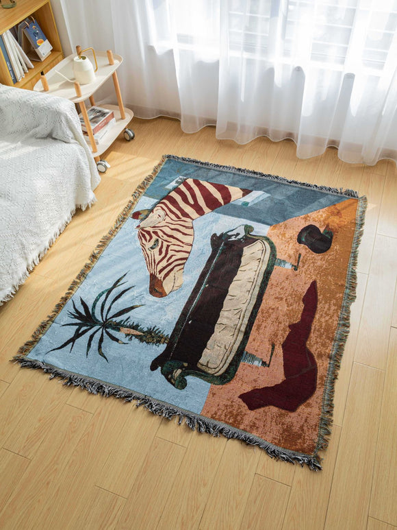 NNEDSZ Safari-Inspired Woven Blanket - 160x130cm Artistic Tapestry Throw with Tassel Edges