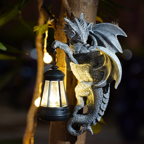NNEDSZ Solar-Powered Dragon Statue with LED Lantern - Gothic Outdoor Wall Hanging Decor