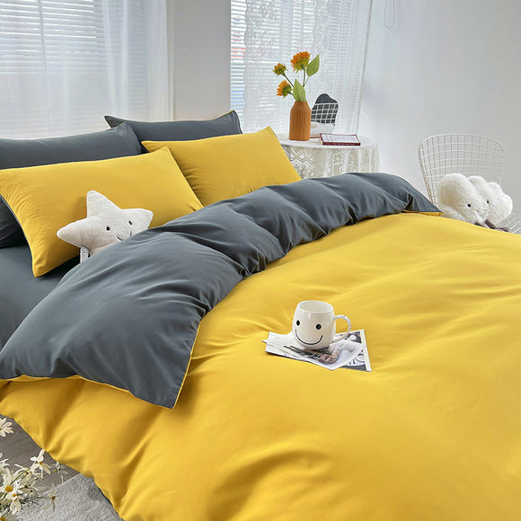 NNEDSZ Yellow and Grey 4-Piece Cotton Bedding Set - Fits 1.5m/1.8m Beds (Duvet Cover 200x230cm, Bed Sheet 230x250cm)