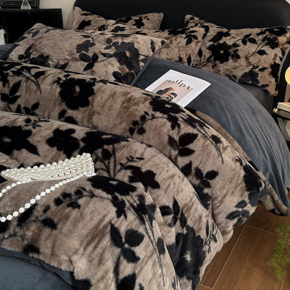 NNEDSZ Grey Luxury Winter Faux Rabbit Fur Bedding Set - 4-Piece Melange Style Plush Set for 1.8m Beds (200x230cm Duvet Cover)
