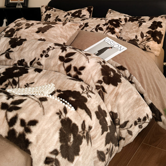 NNEDSZ Khaki Luxury Winter Faux Rabbit Fur Bedding Set - 4-Piece Melange Style Plush Set for 1.8m Beds (200x230cm Duvet Cover)