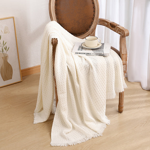 NNEDSZ 130*230CM Off White Nordic Solid Color Knitted Sofa Throw Blanket with Tassels – Waffle Weave Polyester Decorative Blanket