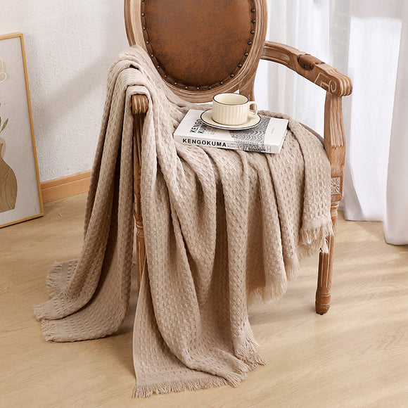 NNEDSZ 130*230CM Khaki Nordic Solid Color Knitted Sofa Throw Blanket with Tassels - Waffle Weave Polyester Decorative Blanket