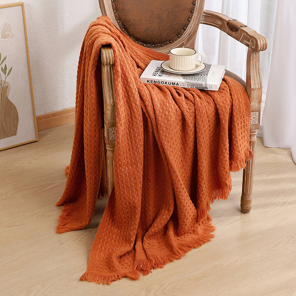 NNEDSZ 130*230CM Caramel Nordic Solid Color Knitted Sofa Throw Blanket with Tassels - Waffle Weave Polyester Decorative Blanket