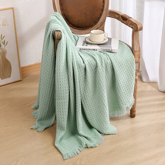 NNEDSZ 130*230CM Cyan Nordic Solid Color Knitted Sofa Throw Blanket with Tassels - Waffle Weave Polyester Decorative Blanket