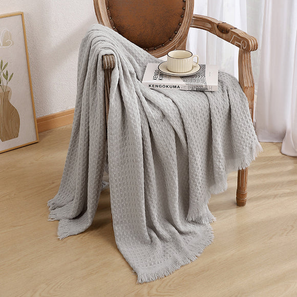 NNEDSZ 130*230CM Grey Nordic Solid Color Knitted Sofa Throw Blanket with Tassels - Waffle Weave Polyester Decorative Blanket