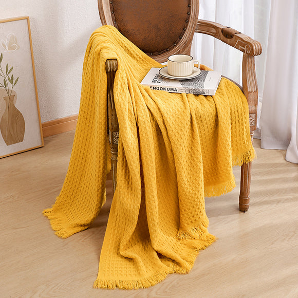 NNEDSZ 130*230CM Bright Yellow Nordic Solid Color Knitted Sofa Throw Blanket with Tassels - Waffle Weave Polyester Decorative Blanket